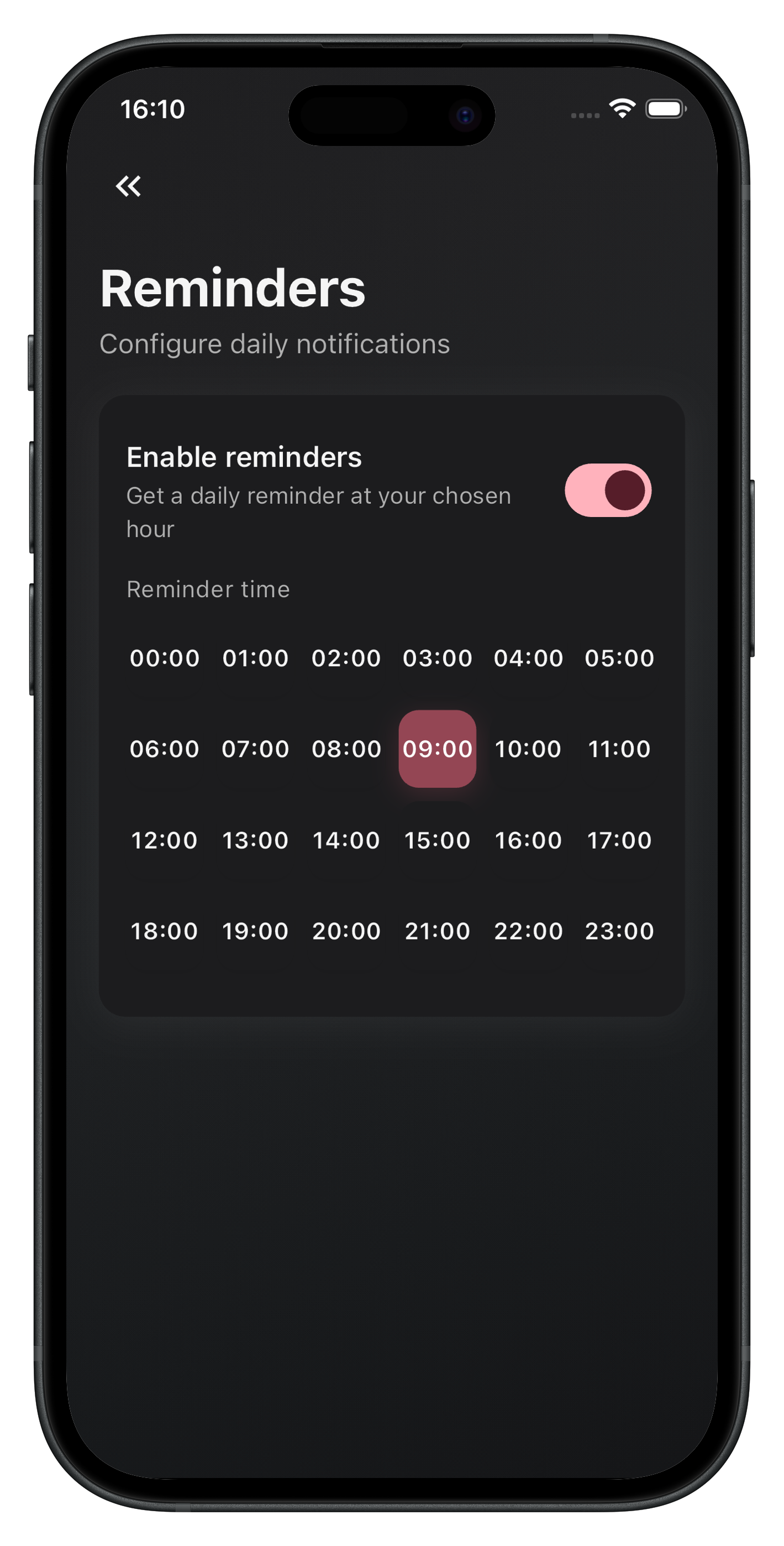 Reminder settings with time selection